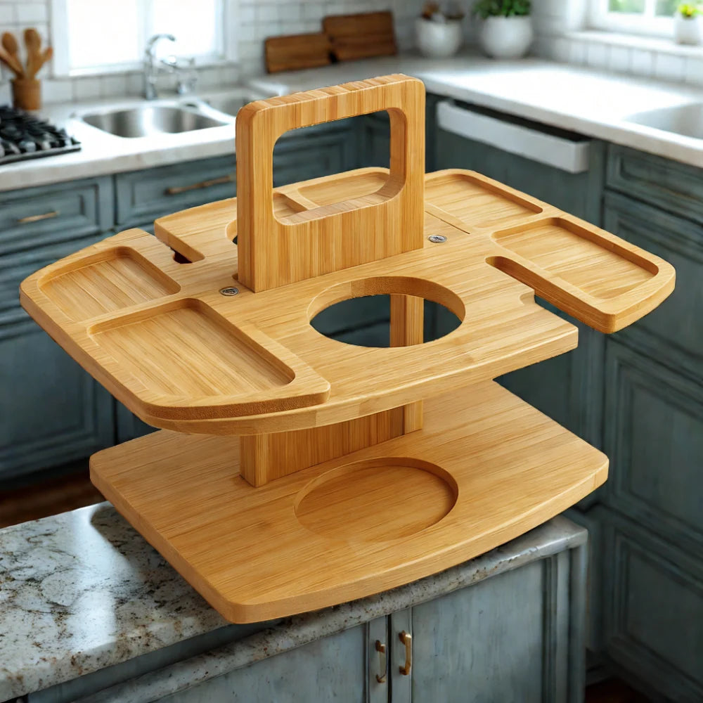 Wine Table Foldable Acacia Bottle & Glass Holders