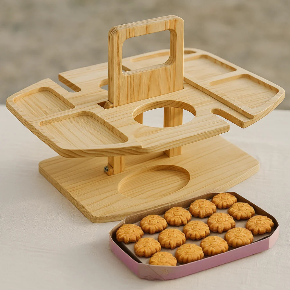 Wine Table Foldable Acacia Bottle & Glass Holders