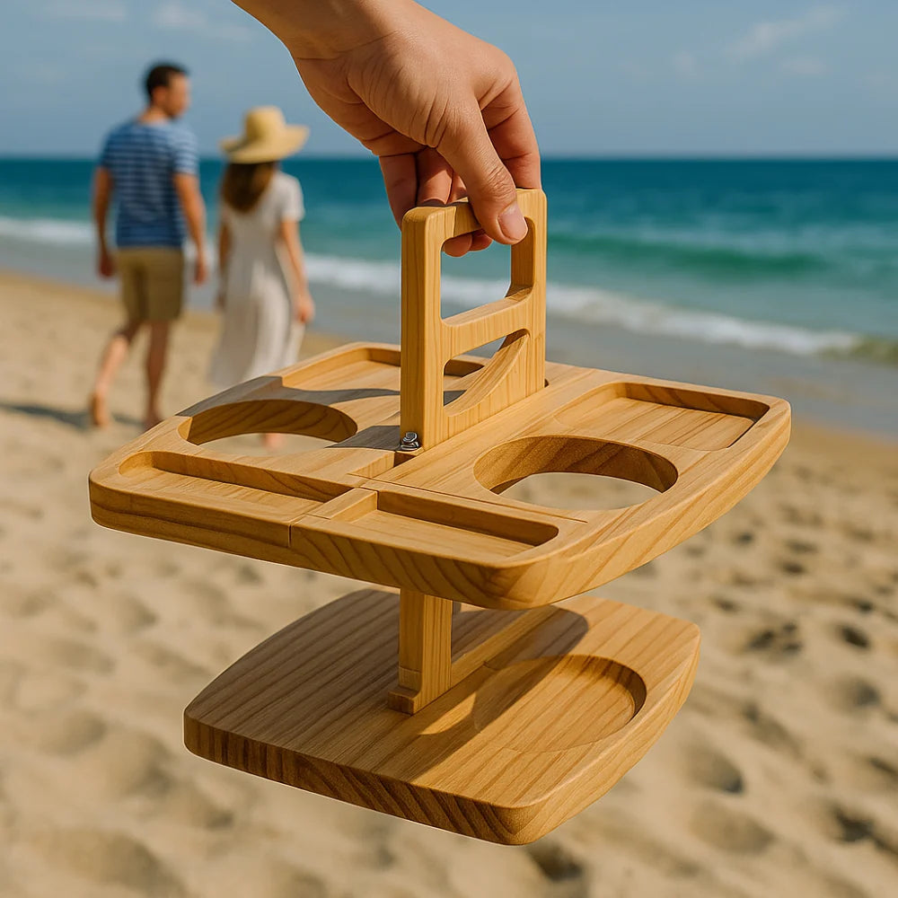 Wine Table Foldable Acacia Bottle & Glass Holders