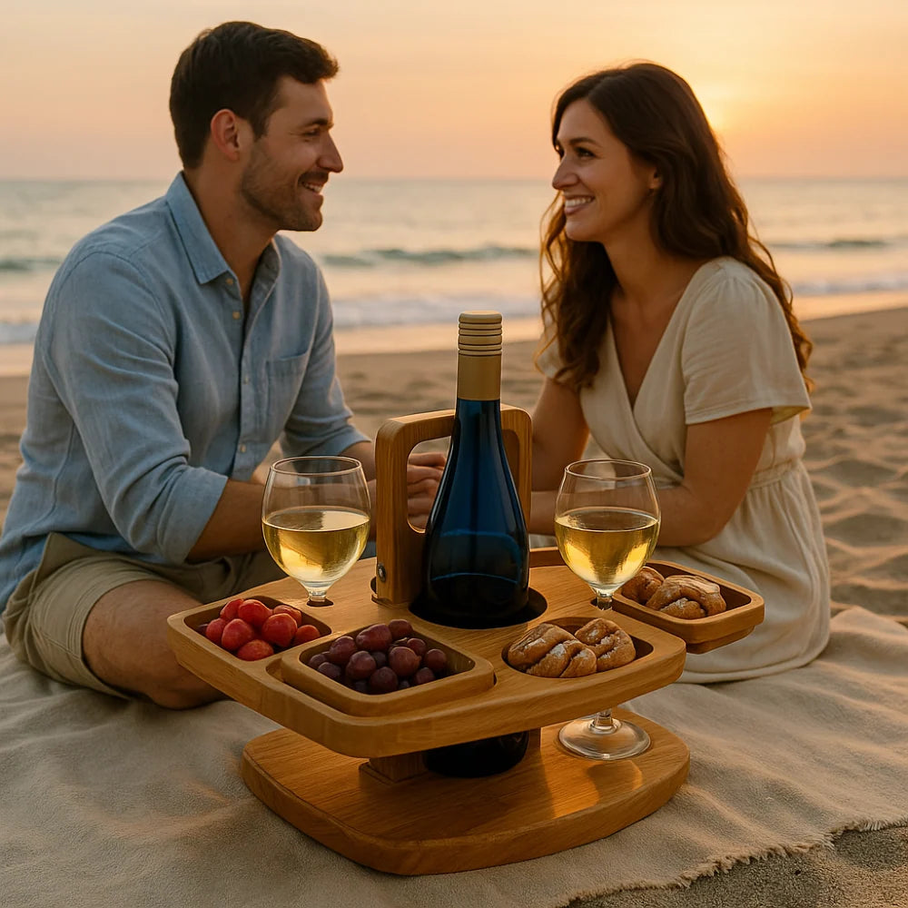Wine Table Foldable Acacia Bottle & Glass Holders