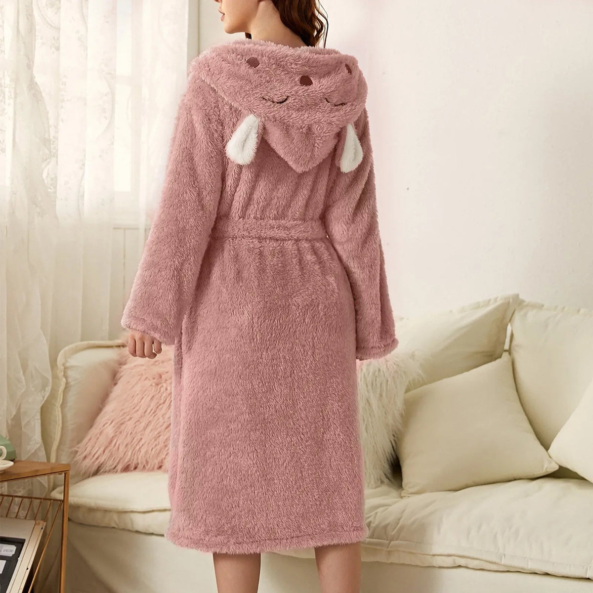 Women's Bathrobe Flannel Hood With Ears & Tie Belt