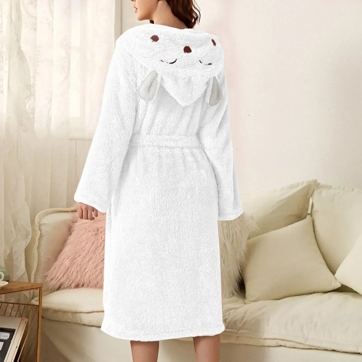 Women's Bathrobe Flannel Hood With Ears & Tie Belt
