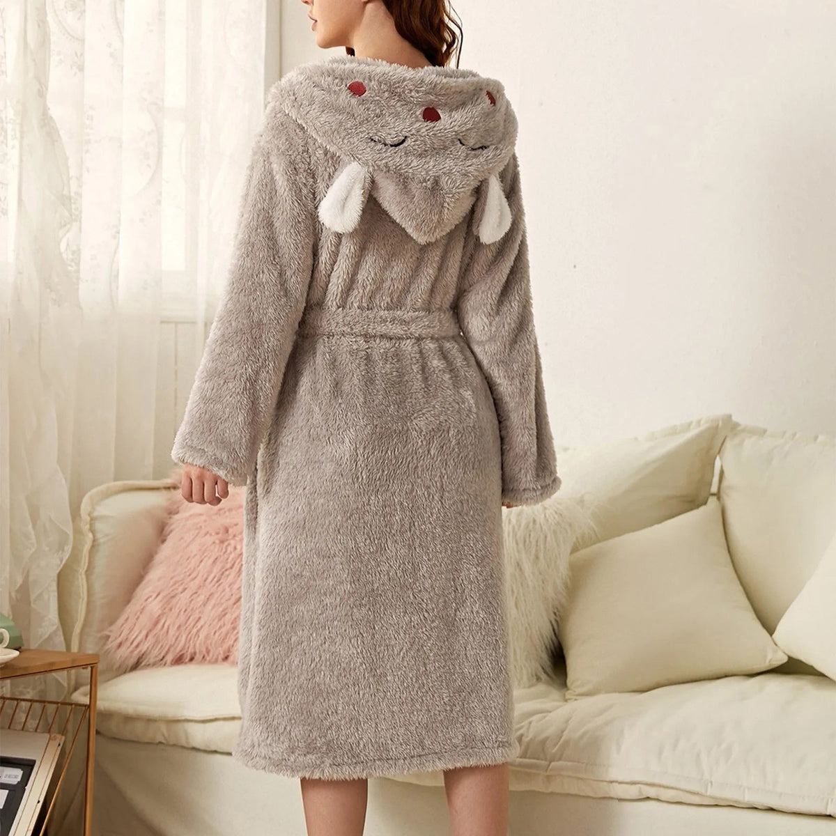 Women's Bathrobe Flannel Hood With Ears & Tie Belt
