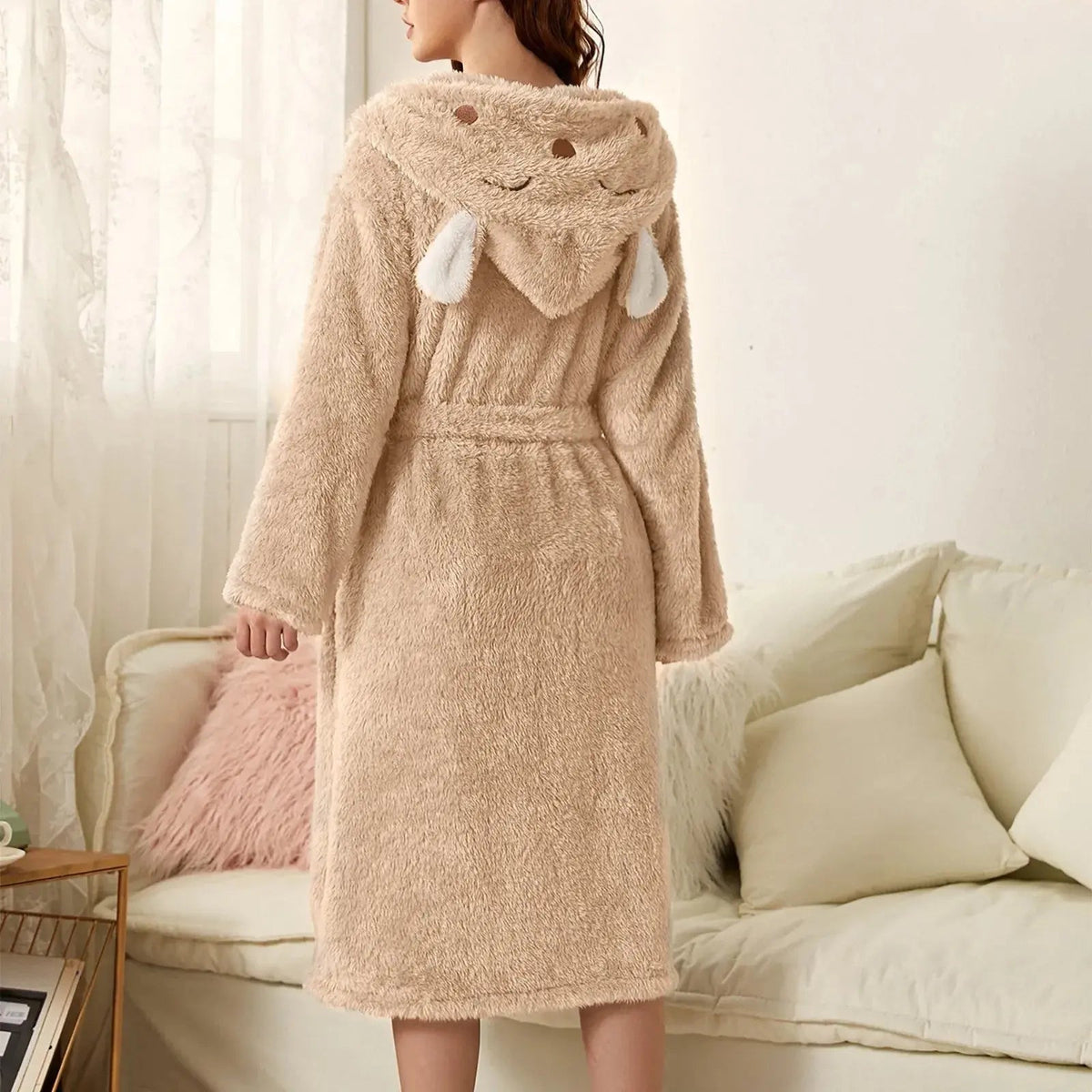 Women's Bathrobe Soft Flannel Hooded Bunny Ears