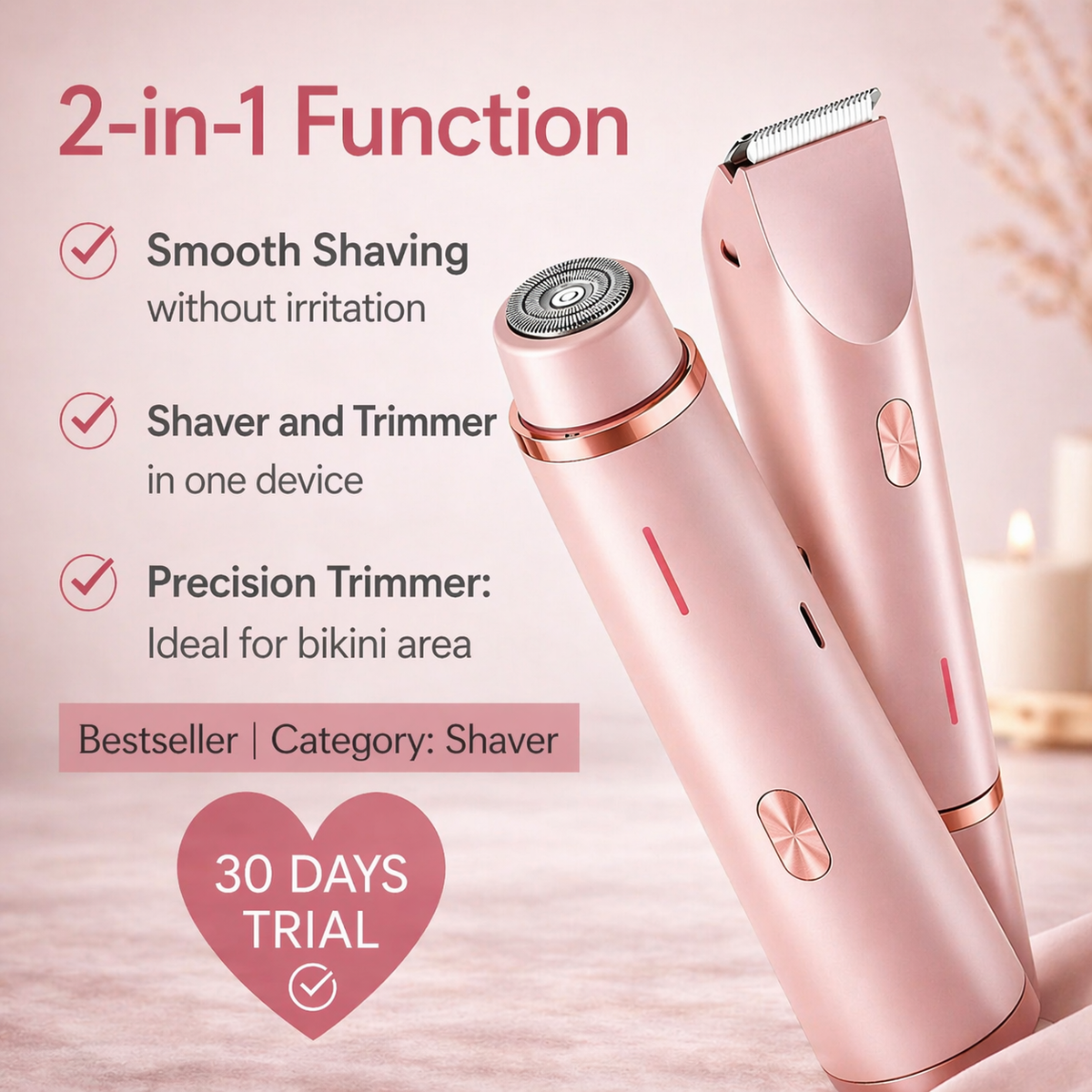 Women's Electric Shaver 2-in-1 Heads IPX7 Waterproof 60-Min Battery