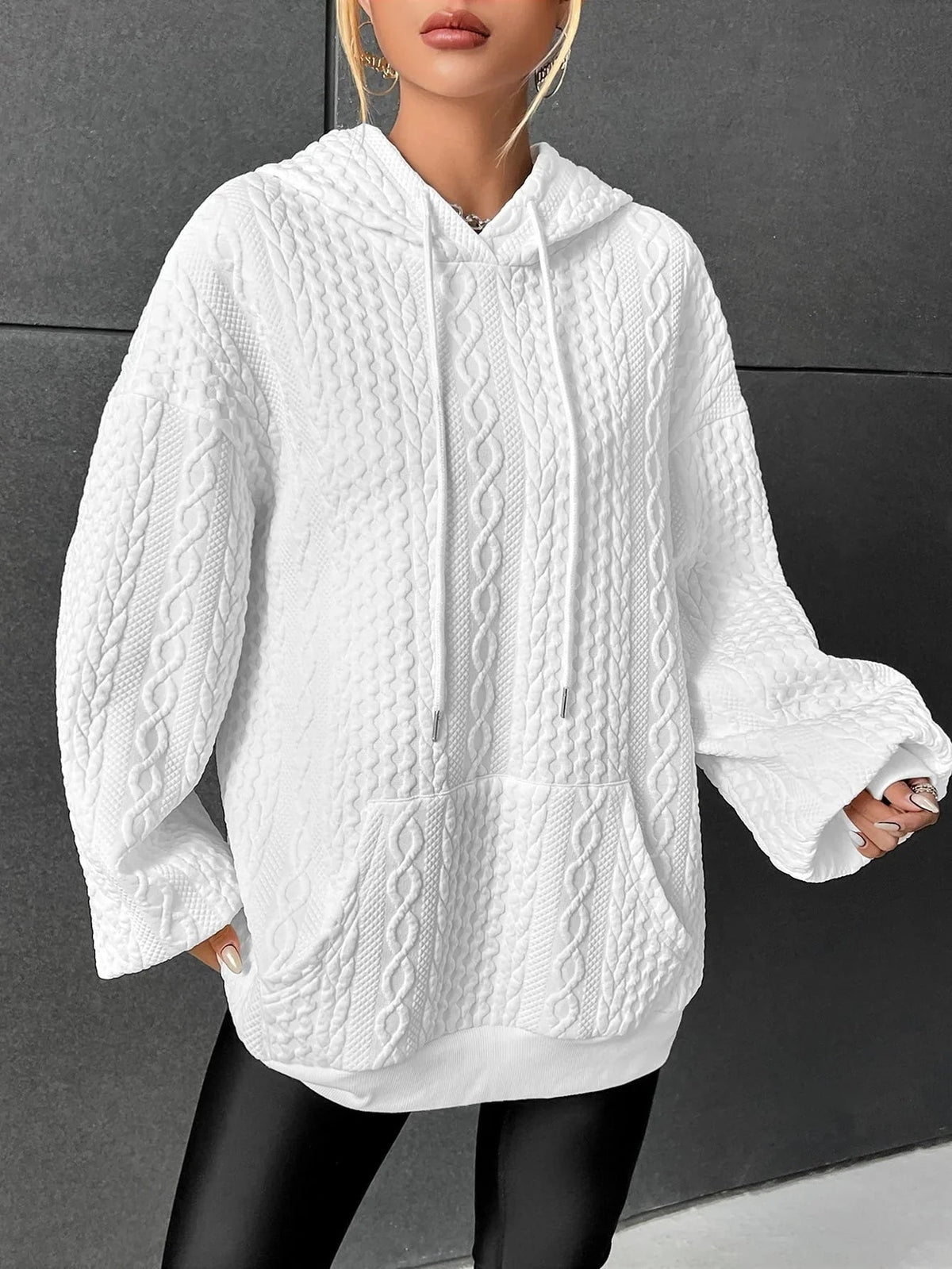 Women's Hoodie Oversized Shoulder Textured Drawstring & Pockets