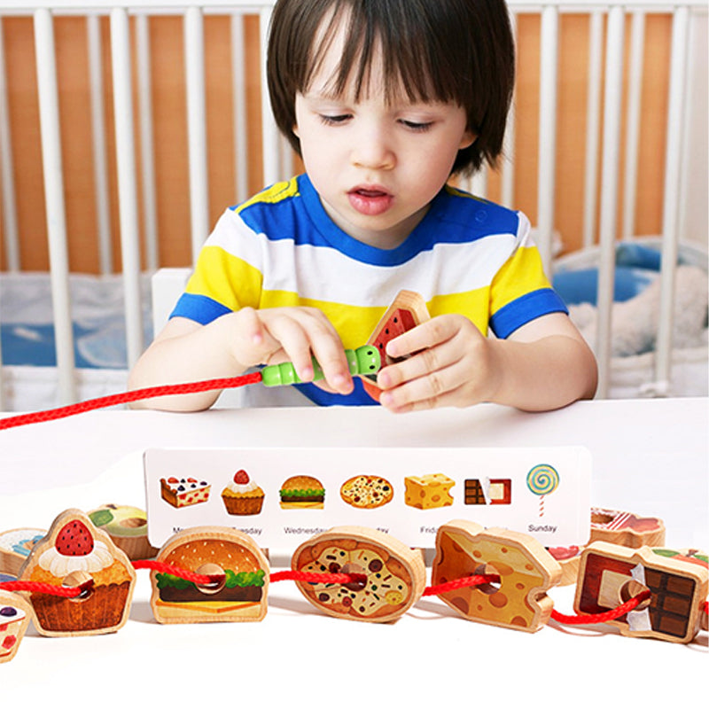 Wooden Threading Toy Large Beads Pattern Cards & Travel Bag