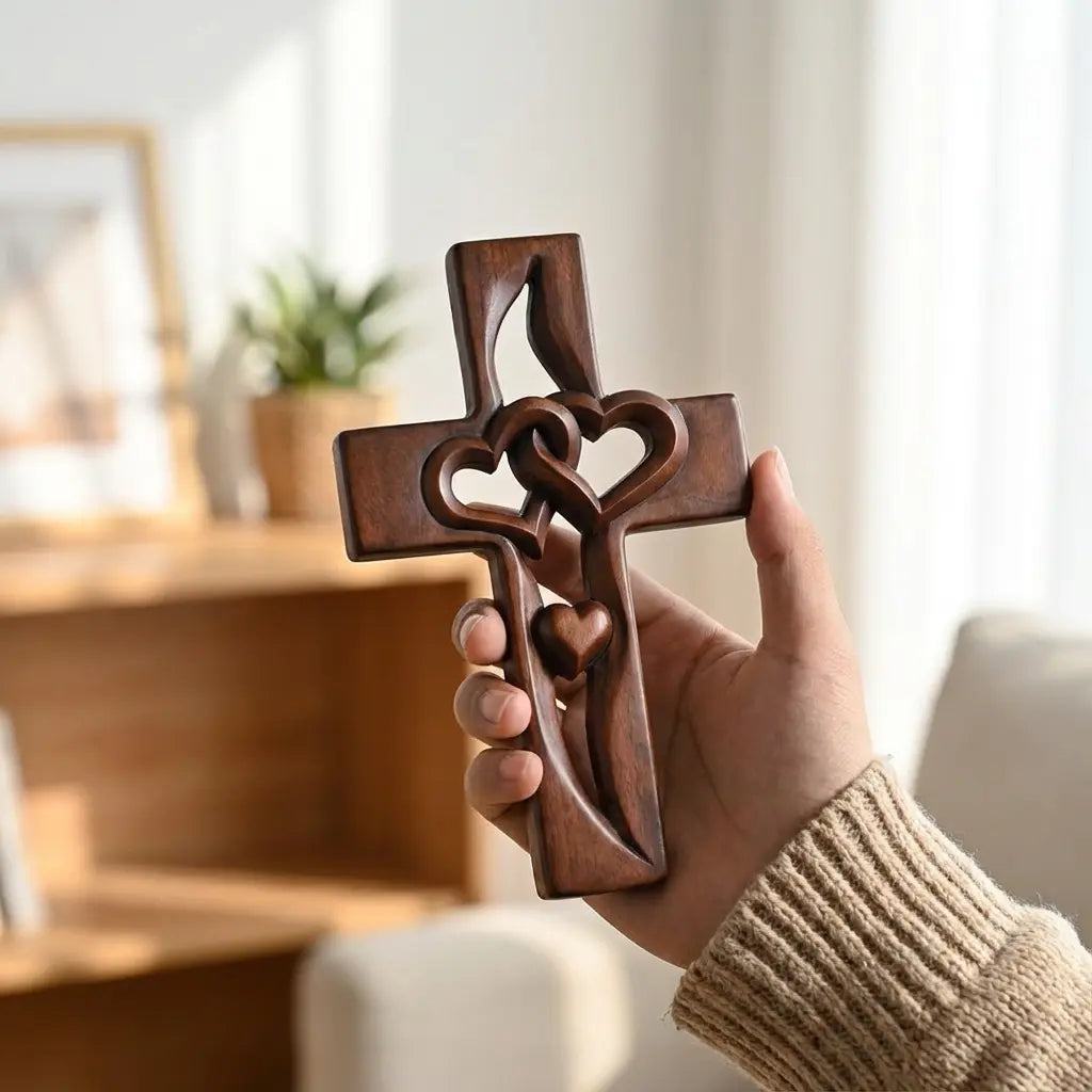 Wooden Wall Cross Hand-Carved Intertwined Hearts Ready To Hang