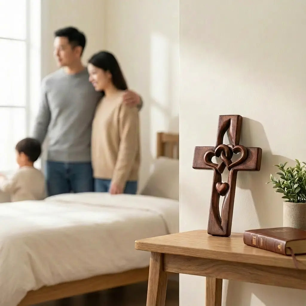 Wooden Wall Cross Hand-Carved Intertwined Hearts Ready To Hang