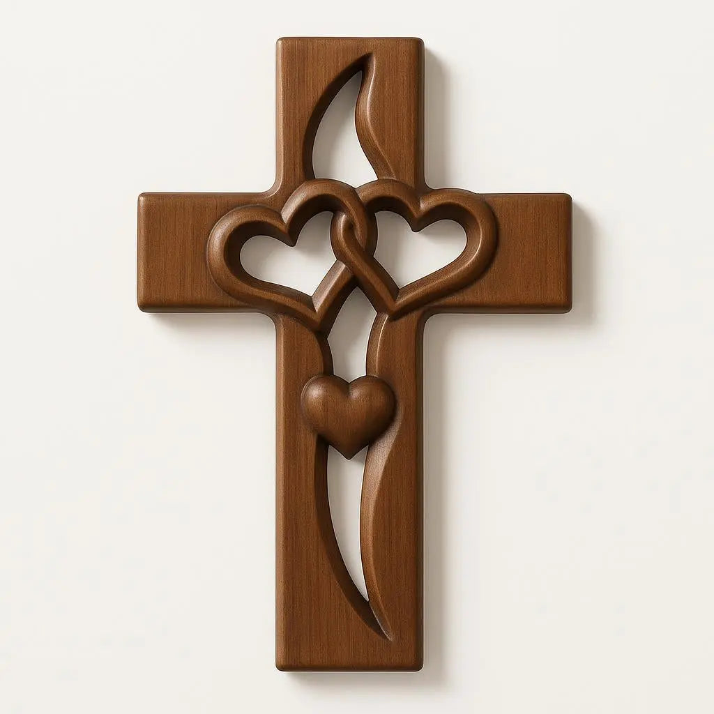 Wooden Wall Cross Hand-Carved Intertwined Hearts Ready To Hang