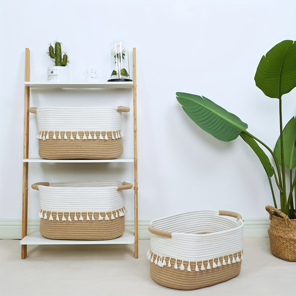 Woven Storage Basket Cotton Rope Tassel Trim