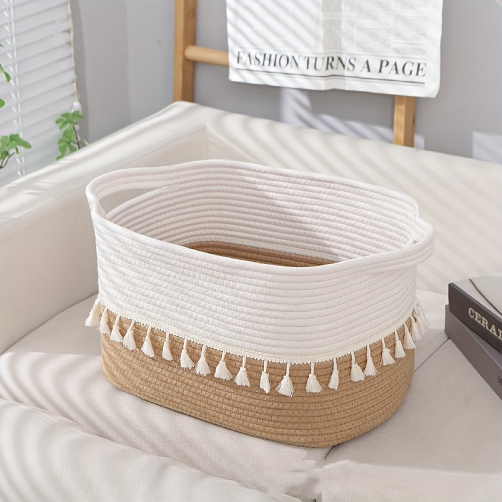 Woven Storage Basket Cotton Rope Tassel Trim