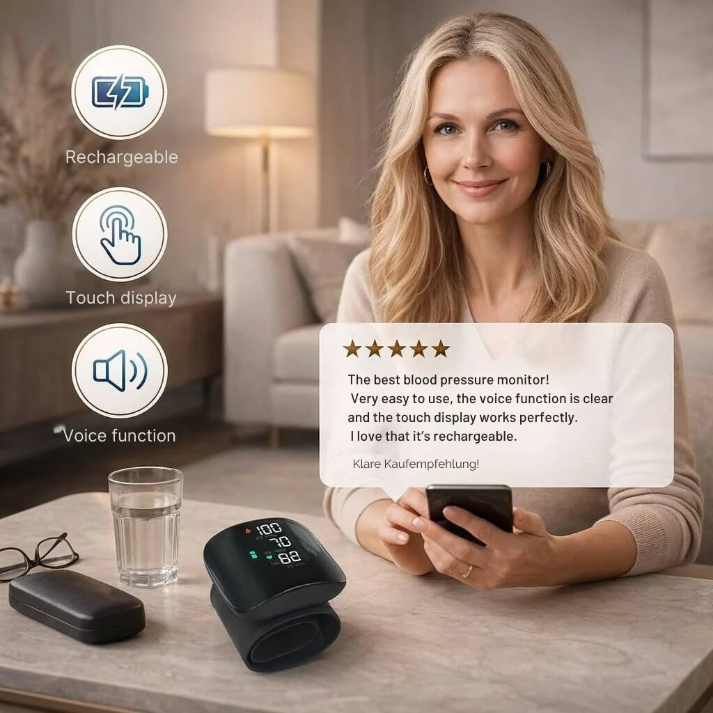 Wrist Blood Pressure Monitor Touch Display Voice USB Rechargeable