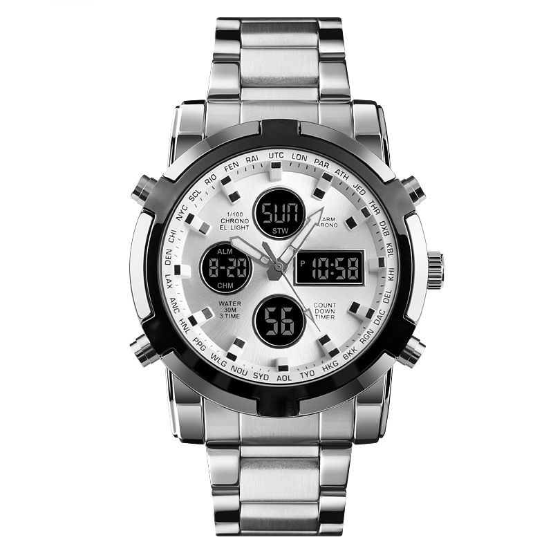 Wristwatch Analog-Digital Stainless Steel Band 3 Time Zones Water-Resistant
