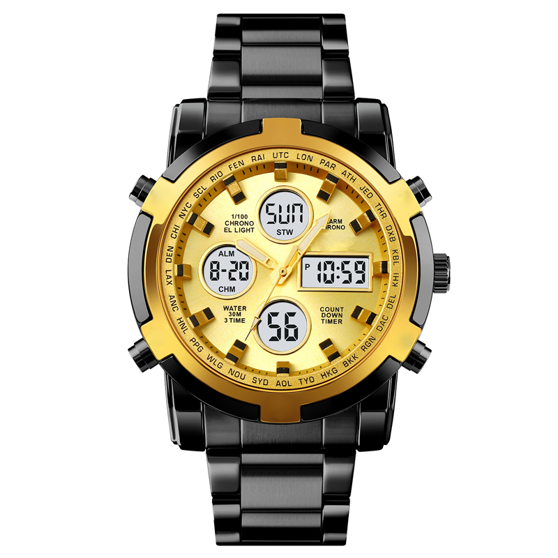 Wristwatch Analog-Digital Stainless Steel Band 3 Time Zones Water-Resistant
