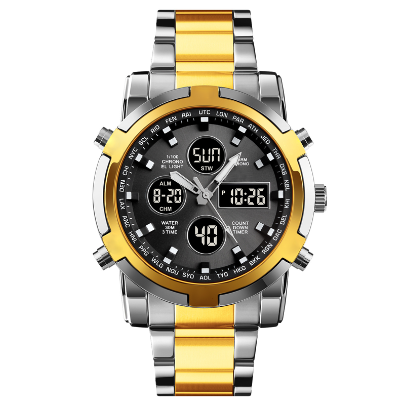 Wristwatch Analog-Digital Stainless Steel Band 3 Time Zones Water-Resistant