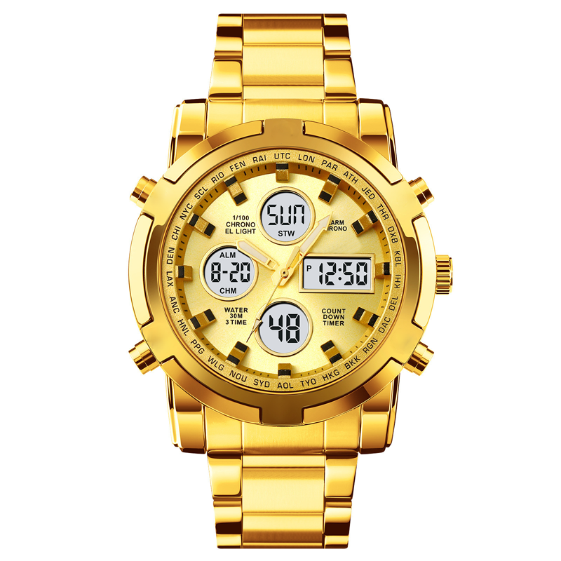 Wristwatch Analog-Digital Stainless Steel Band 3 Time Zones Water-Resistant