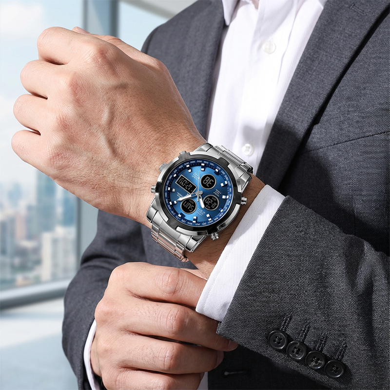 Wristwatch Analog-Digital Stainless Steel Band 3 Time Zones Water-Resistant