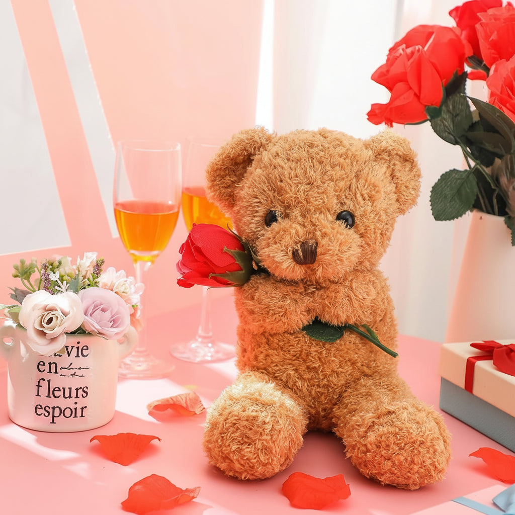 Adorable Plush Companion | Huggable Stuffed Bear with Floral Accent | Ideal Gift for Love and Cherishment