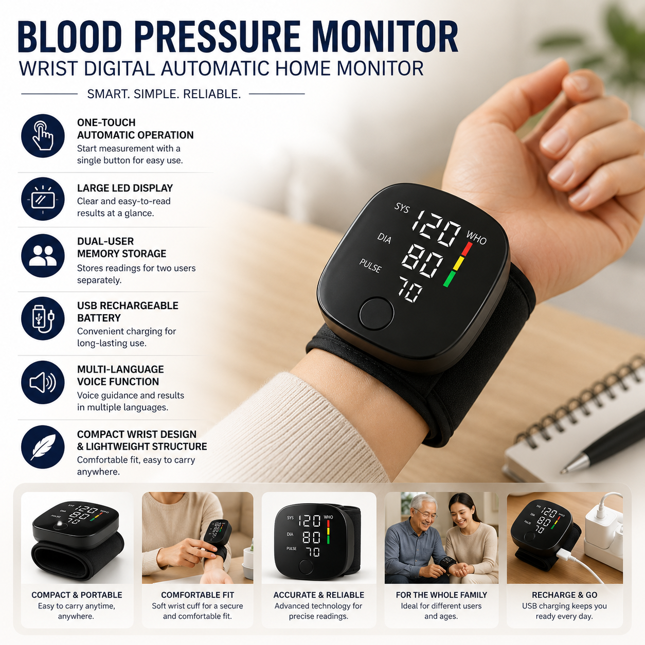 Compact Smart Blood Pressure Monitor with Easy One-Touch Use