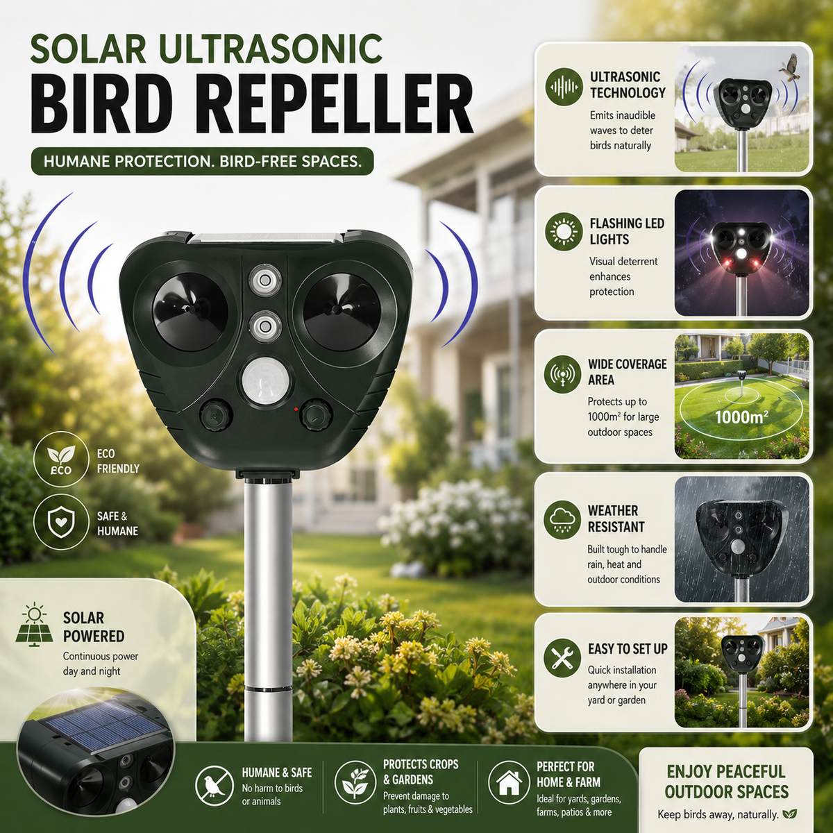 NatureShield | Solar-Powered Ultrasonic Bird Deterrent with Lights