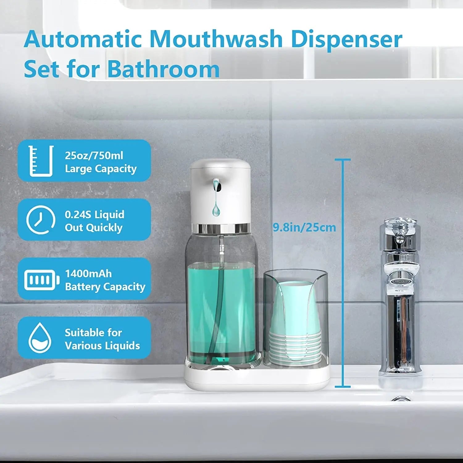 Touchless Mouthwash Dispenser with Customizable Dosage & Cup Storage