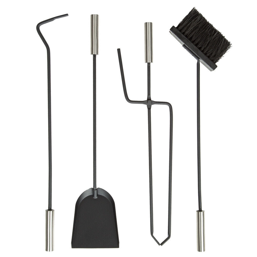 Sleek Fireplace Accessory Set | 4-Piece Stainless Steel Kit with Wall Rack