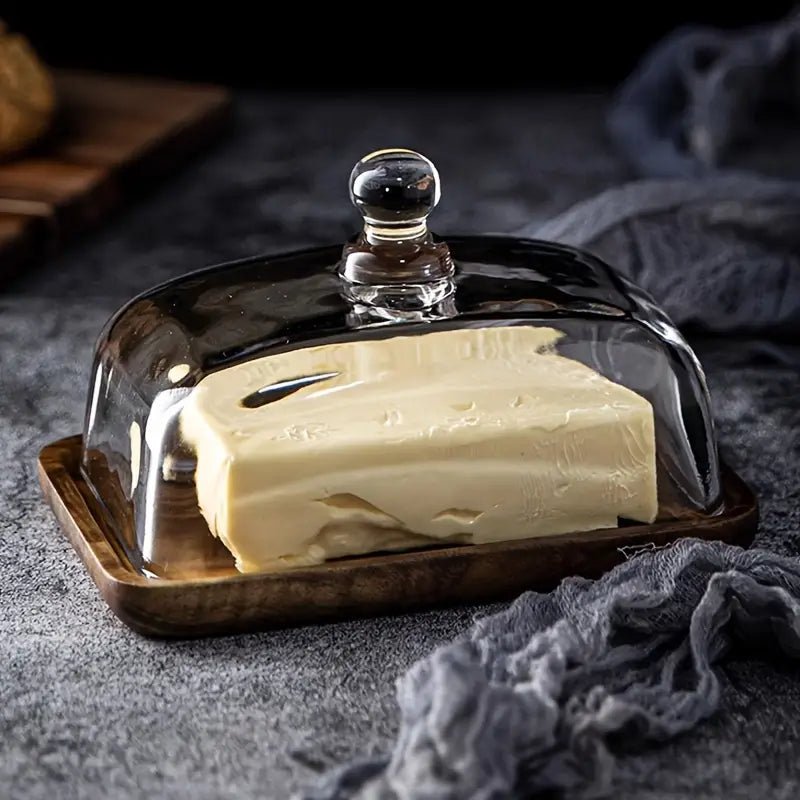 Chic Glass Butter Keeper with Wooden Base | Elegant Kitchen Storage