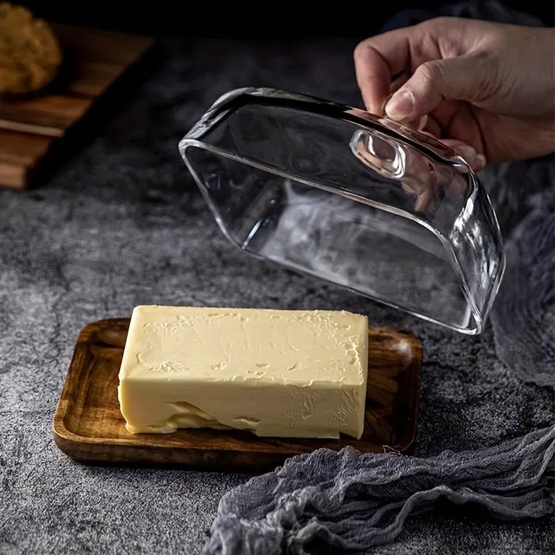 Chic Glass Butter Keeper with Wooden Base | Elegant Kitchen Storage