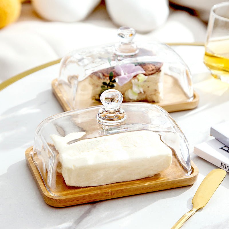 Chic Glass Butter Keeper with Wooden Base | Elegant Kitchen Storage