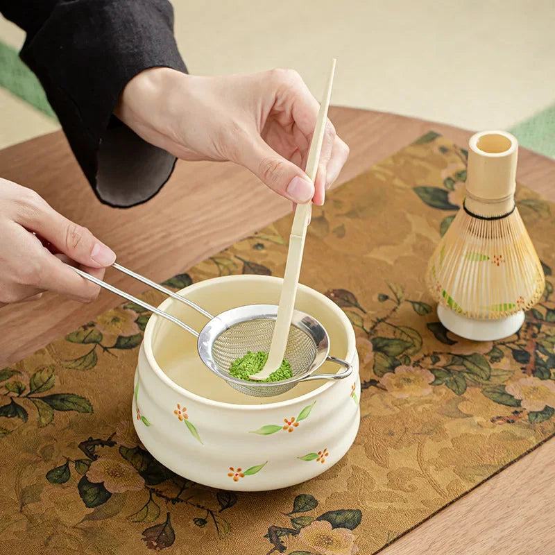 Charming Matcha Tea Set with Floral Accents for Authentic Brewing