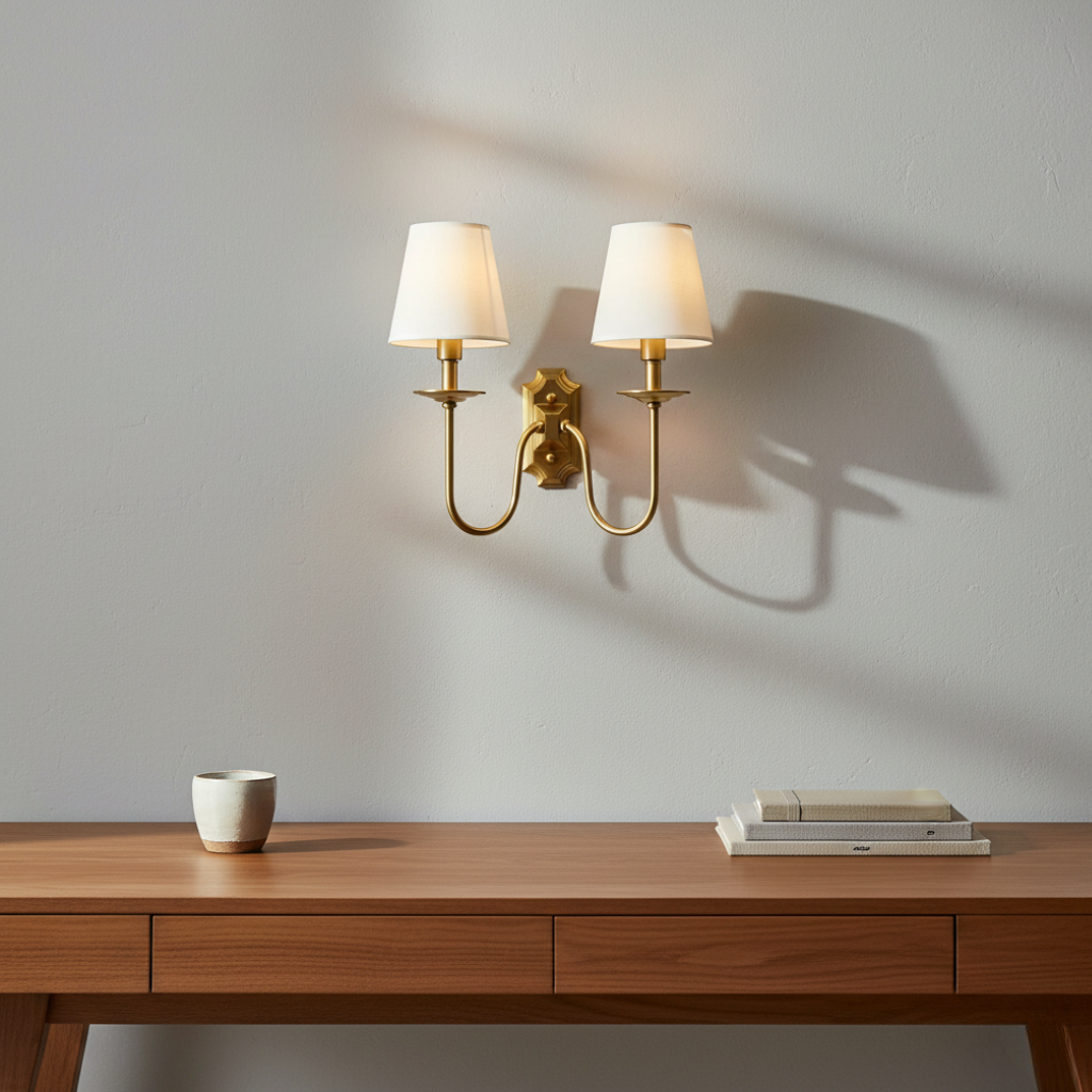 Classic Brass Wall Light Fixture with Soft Fabric Shades