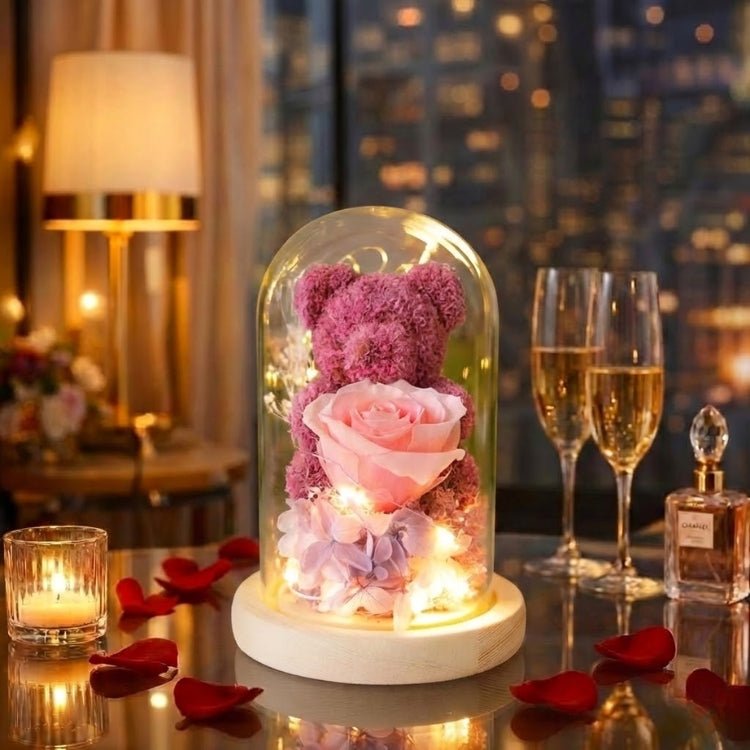 Romantic Blossom Bear Lamp | Enchanted Glass Dome with LED Glow