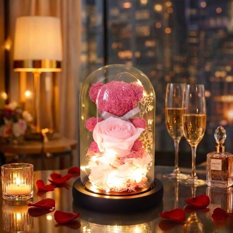 Romantic Blossom Bear Lamp | Enchanted Glass Dome with LED Glow