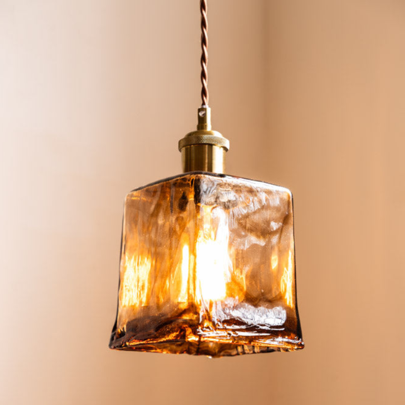 Elegant Square Ceiling Light Fixture with Amber Glass Shade