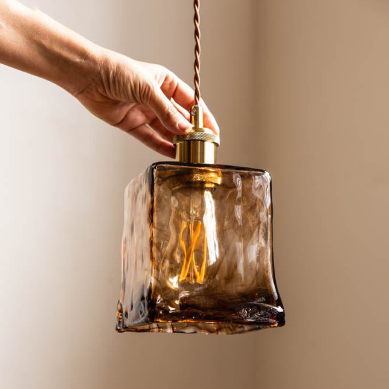 Elegant Square Ceiling Light Fixture with Amber Glass Shade