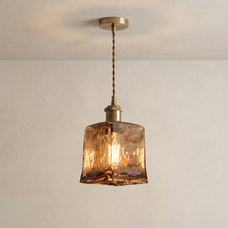 Elegant Square Ceiling Light Fixture with Amber Glass Shade