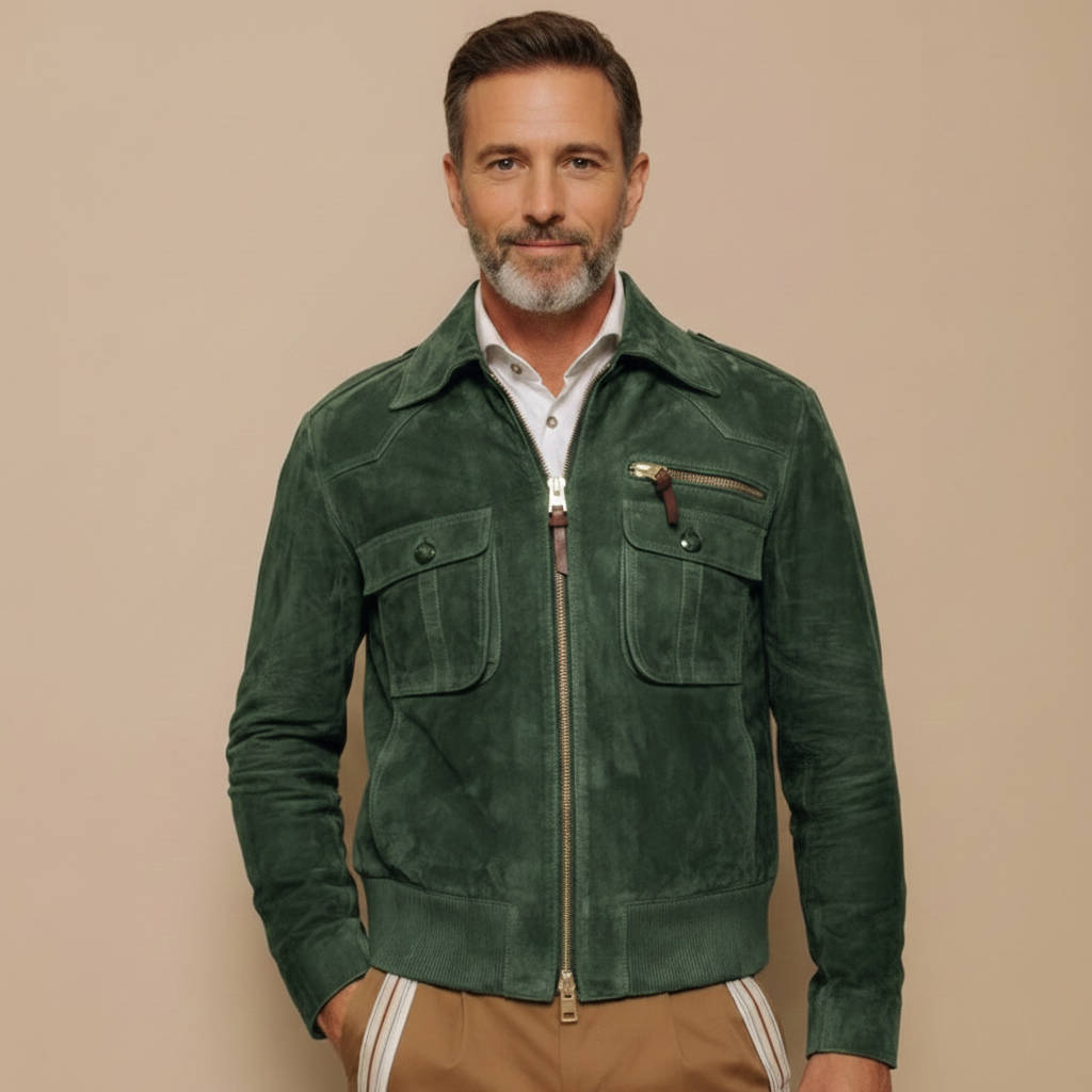 Men's Vintage-Inspired Suede Jacket with Zipper & Pockets