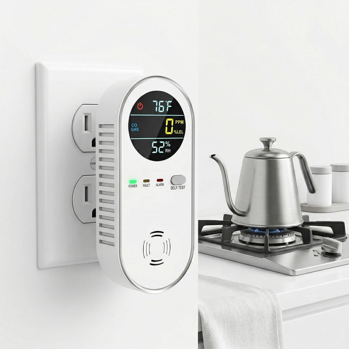 HomeSafe Carbon Monoxide & Gas Safety Monitor – Plug-In CO & Gas Detector with Temperature & Humidity Readings
