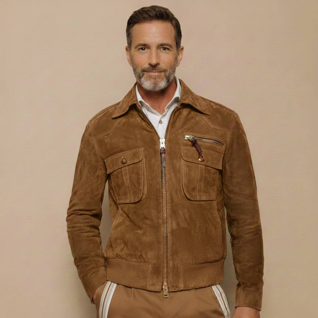 Men's Vintage-Inspired Suede Jacket with Zipper & Pockets