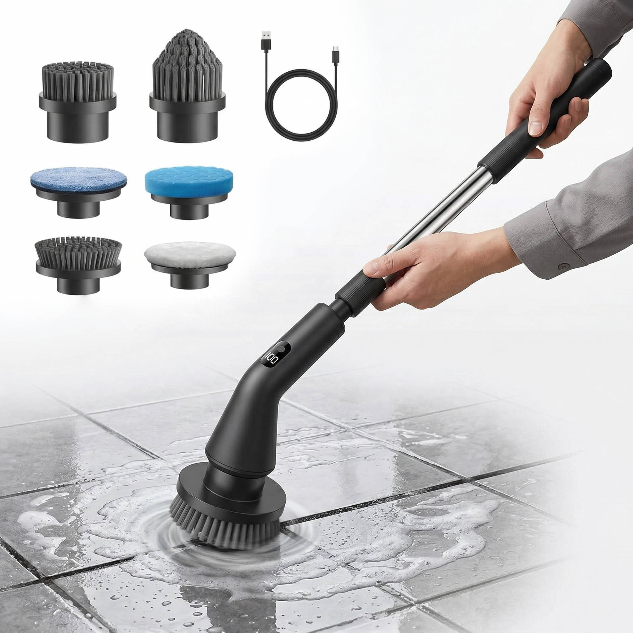PowerScrub Pro Cordless Cleaning Brush – Dual Speed, 7 Heads & Extended Battery Life