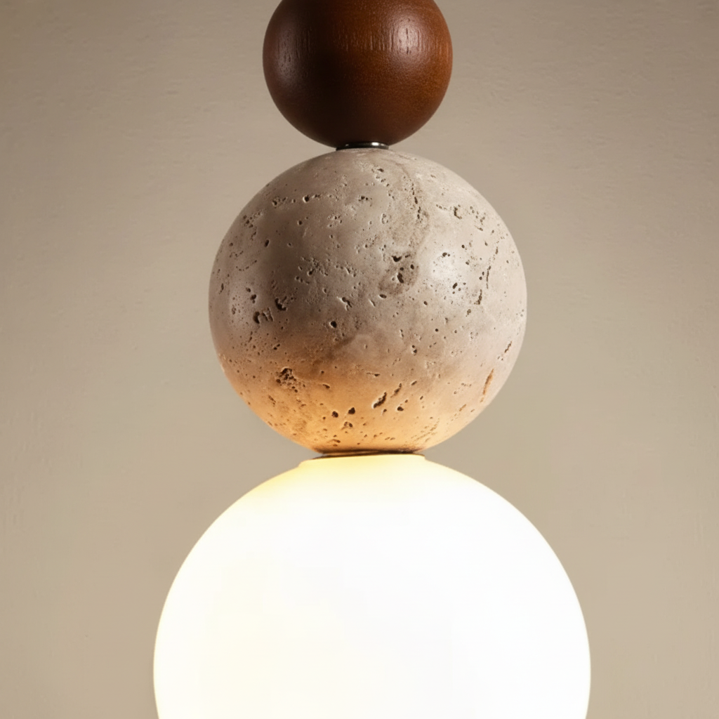 WoodSphere Hanging Lamp in Travertine and Wood