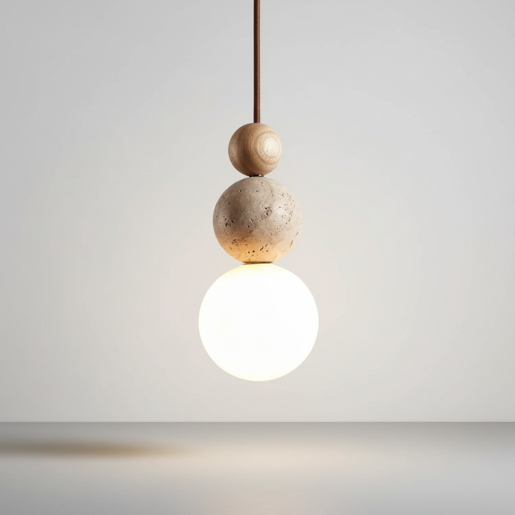 WoodSphere Hanging Lamp in Travertine and Wood