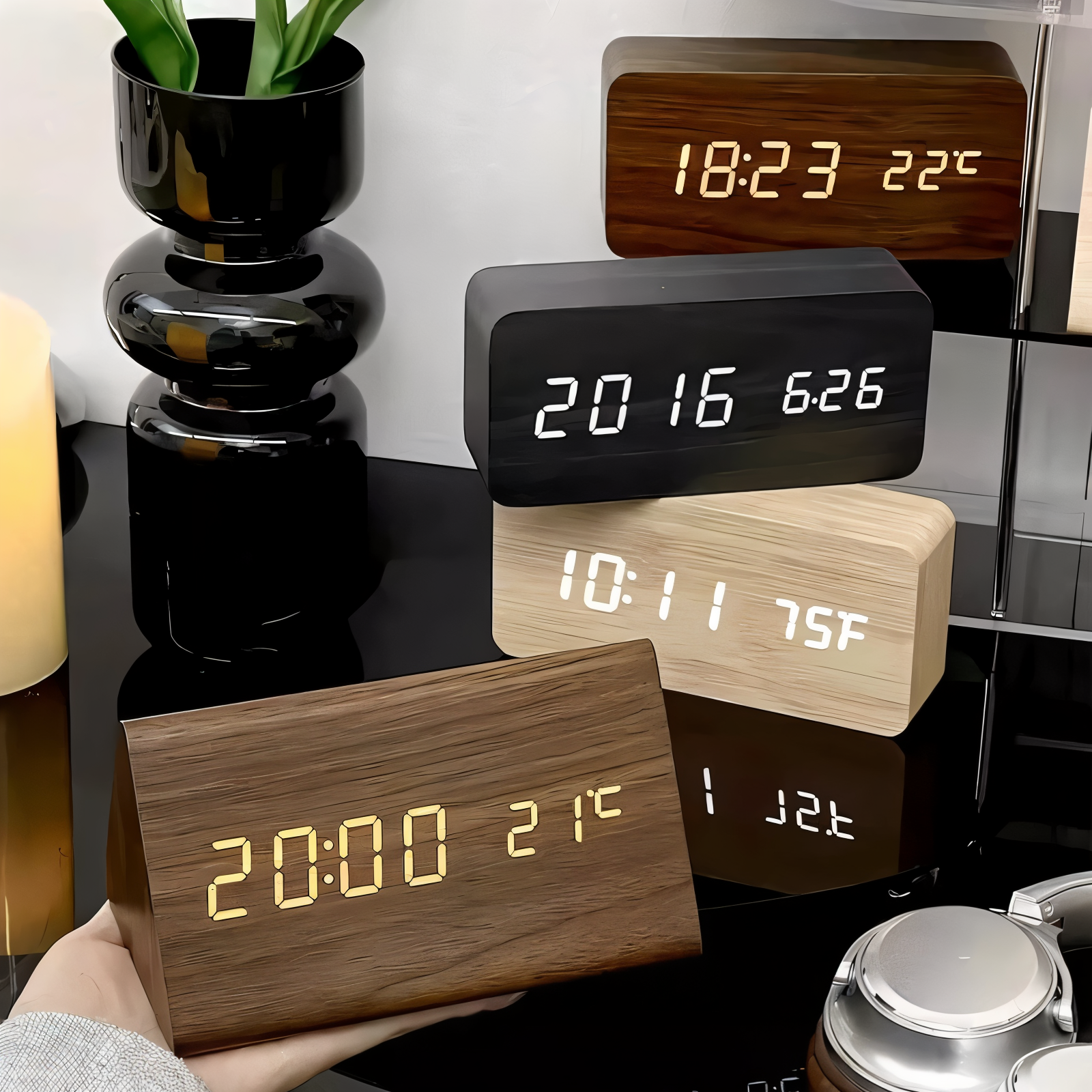 Chic Wooden LED Alarm Clock - Stylish Smart Bedside Companion