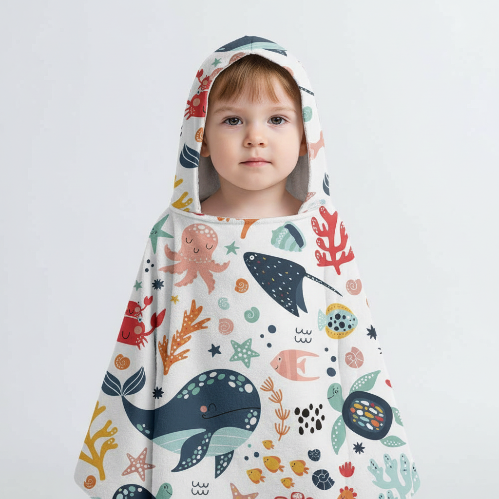 Wave-Patterned Hooded Towel Poncho