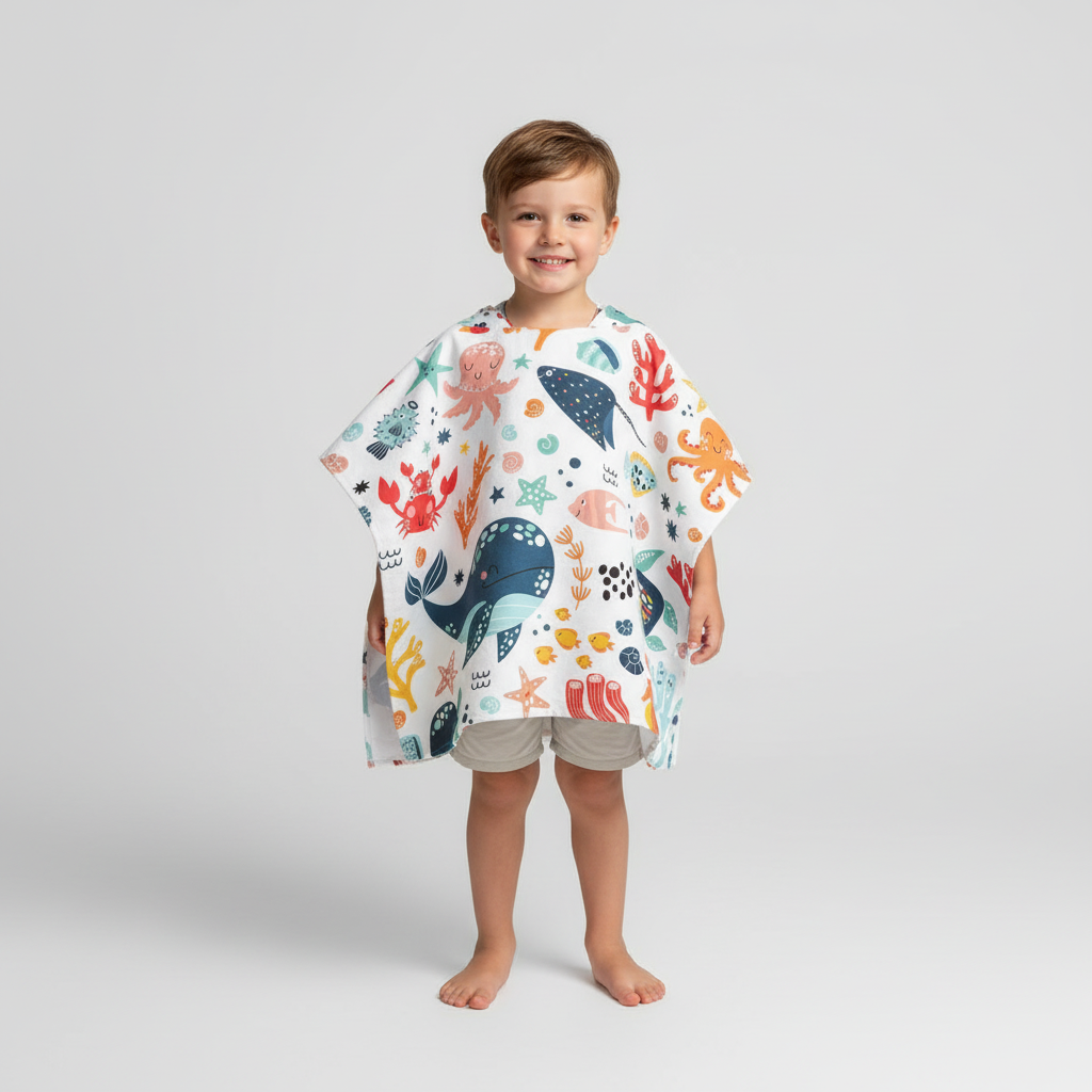 Wave-Patterned Hooded Towel Poncho
