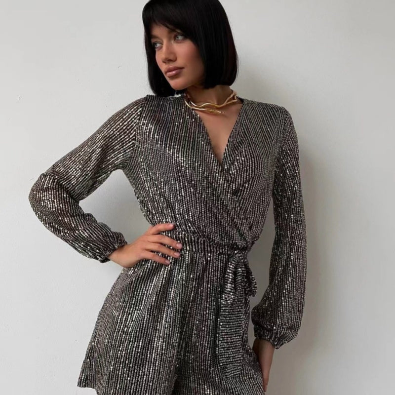 Glimmering Long-Sleeve Jumpsuit with Shorts