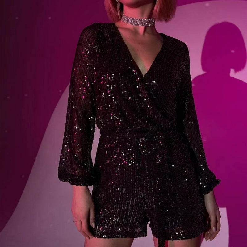 Glimmering Long-Sleeve Jumpsuit with Shorts