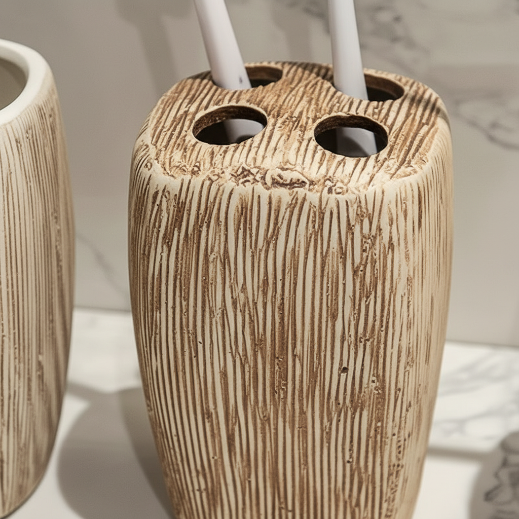 Bathroom Accessories Set in Ceramic - Natural Wood Finish