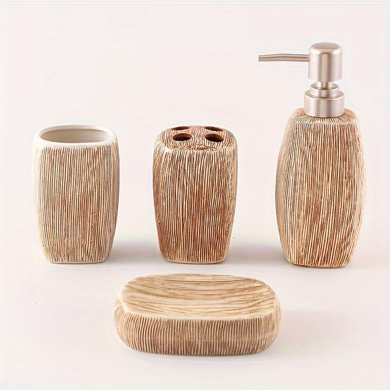 Bathroom Accessories Set in Ceramic - Natural Wood Finish